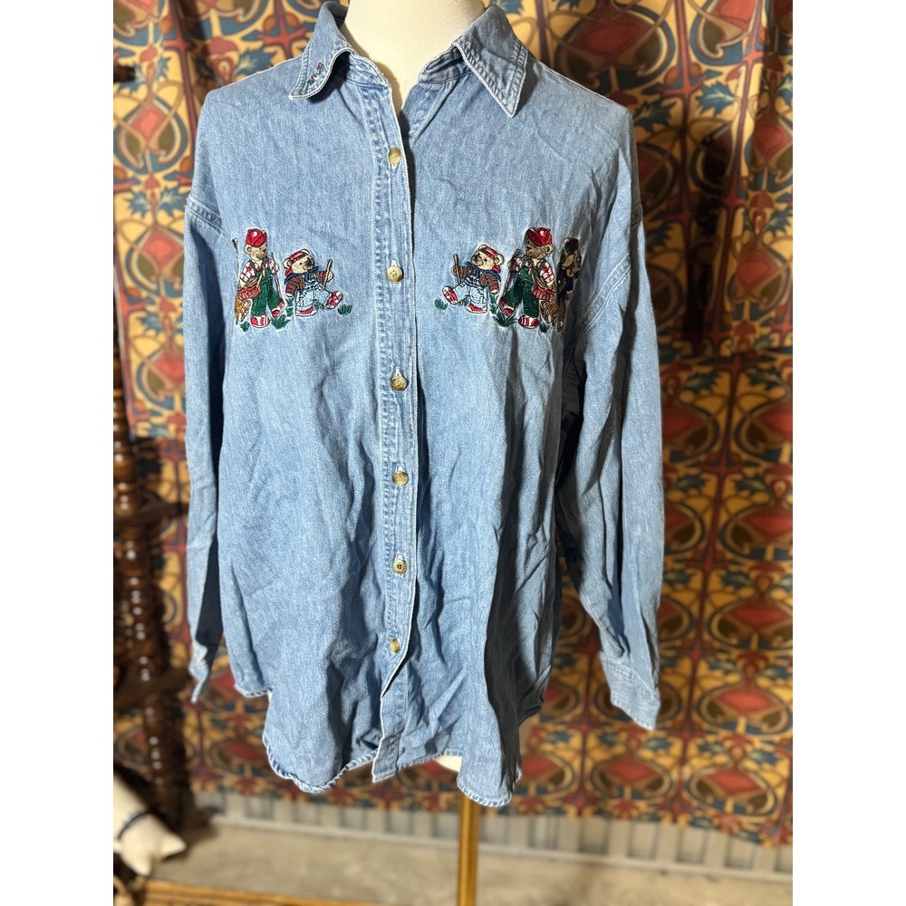 Quiz Woman Denim Shirt Long Sleeve Embroidered Novelty Button Up Size 18